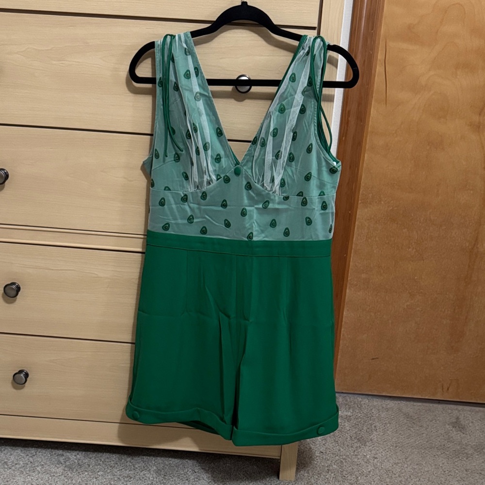 Green Sleeveless Romper with Sheer avocado Polka Dot Top